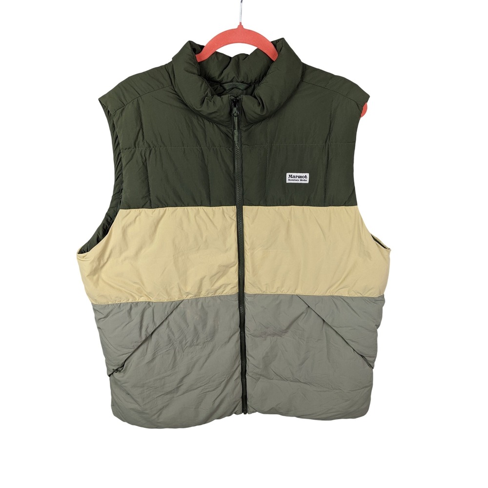 Marmot Mountain Works Mens XL Colorblock Down Puffer Vest Green Tan Grey Zip Up